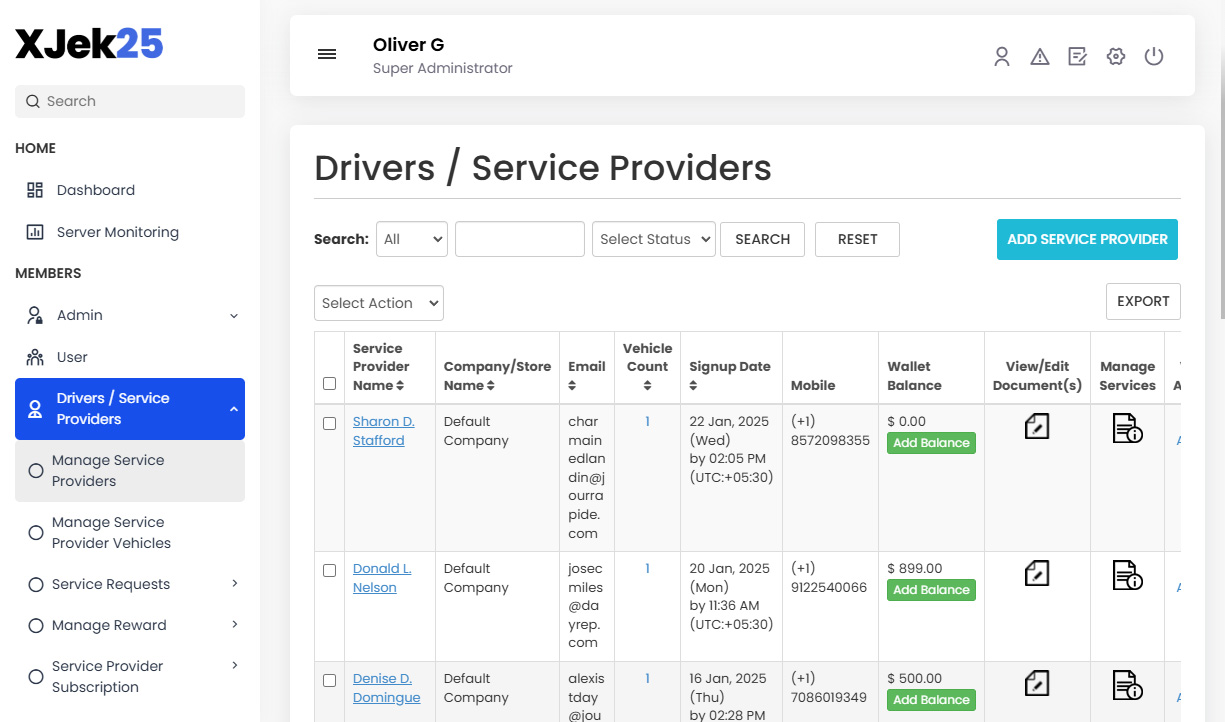 Manage Drivers / Service Providers