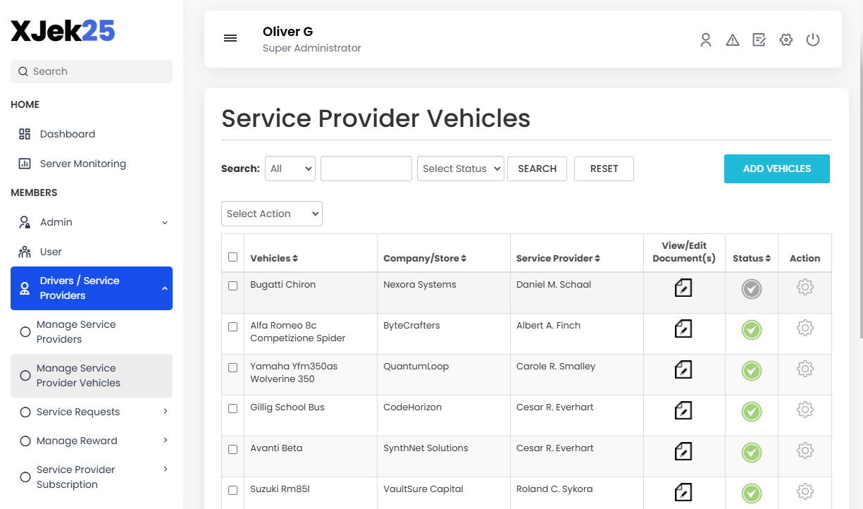 Service Provider Vehicles Management